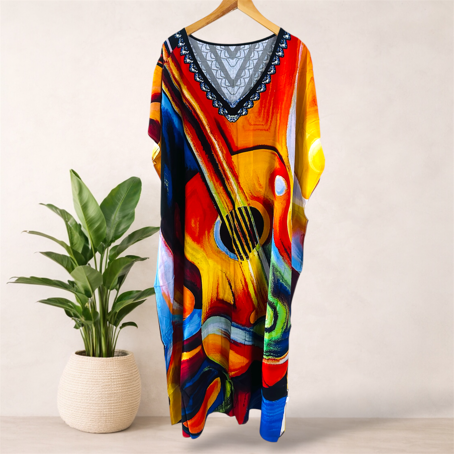 Printed Viscose Maxi Kaftan | Guitar Art Print | Size 16–22