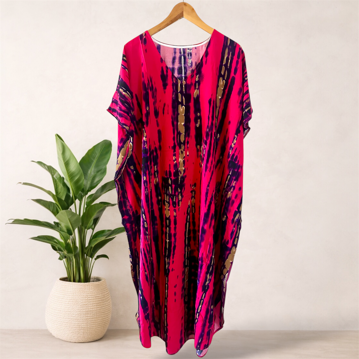 Printed Tie Dye Viscose Kaftan | Fuchsia Midnight Print | Size 16–22