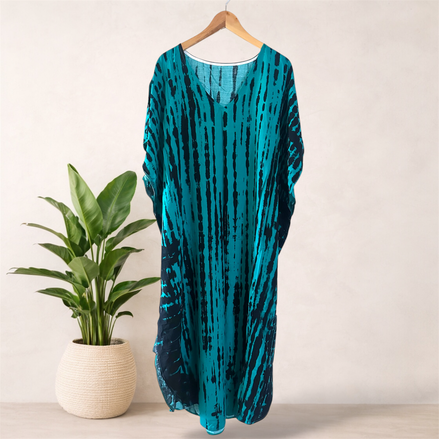 Printed Tie Dye Viscose Kaftan | Teal Green Tide Print | Size 16–22