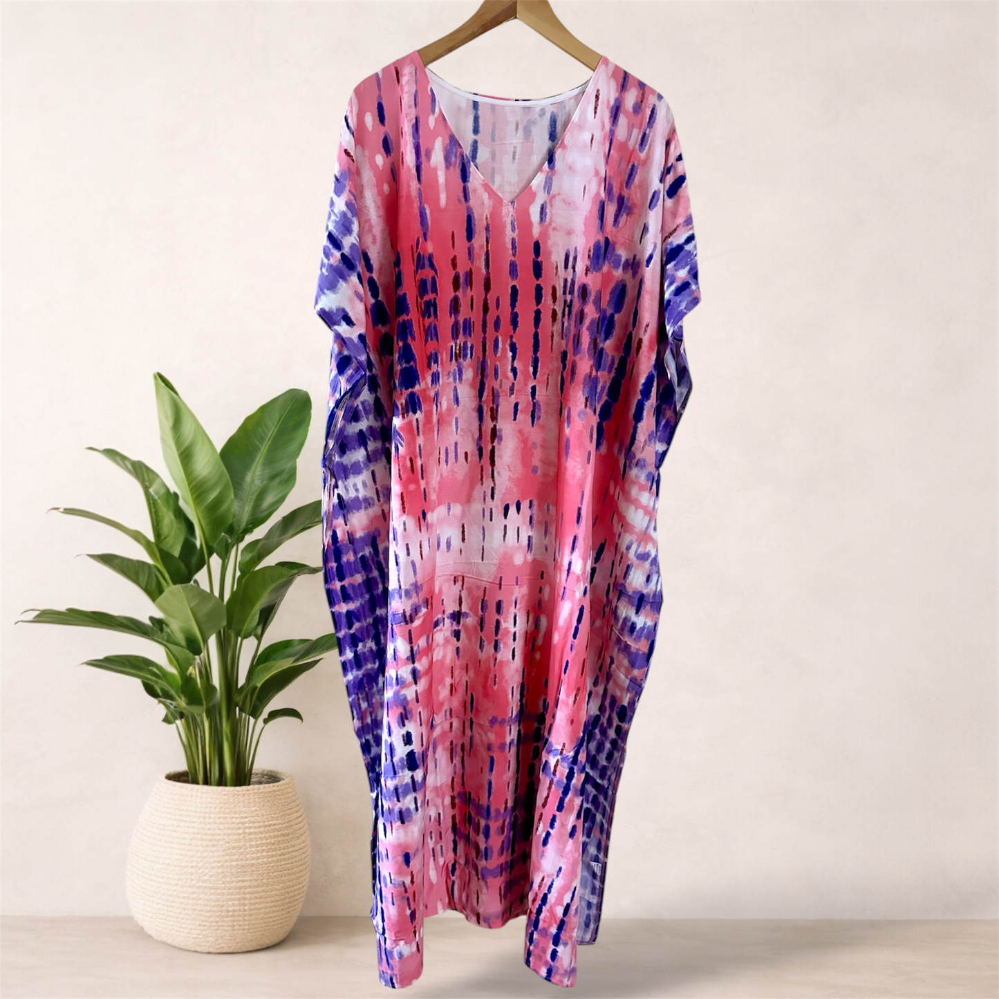 Printed Tie Dye Viscose Kaftan | Pink Sunset Print | Size 16–22