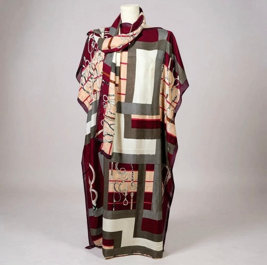 Luxe Silk Feel Resort Maxi Kaftan Dress | Burgundy Geo Chain Print | Size 14–20