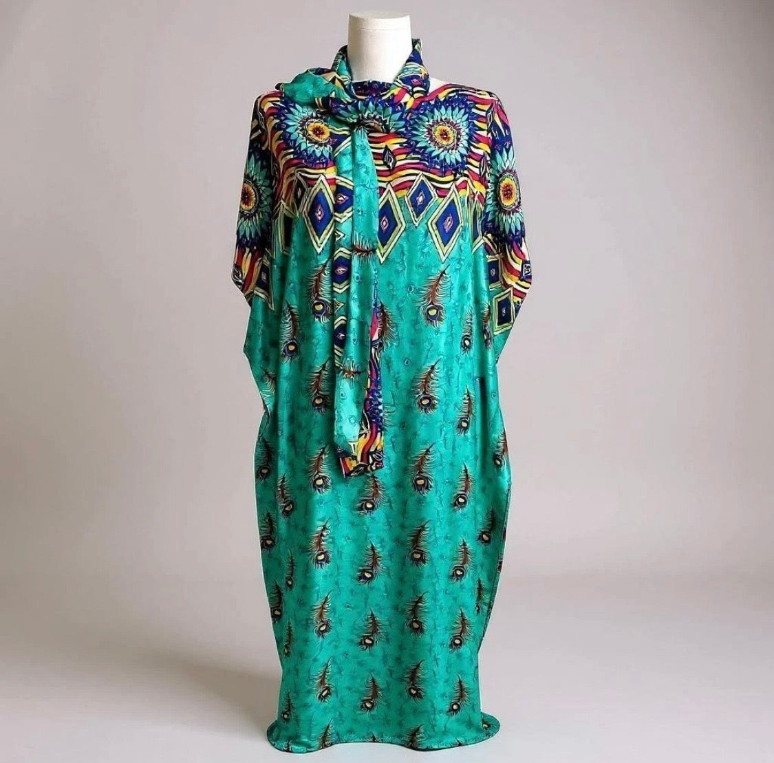 Luxe Silk Feel Resort Maxi Kaftan Dress | Aqua Boho Print | Size 14–20