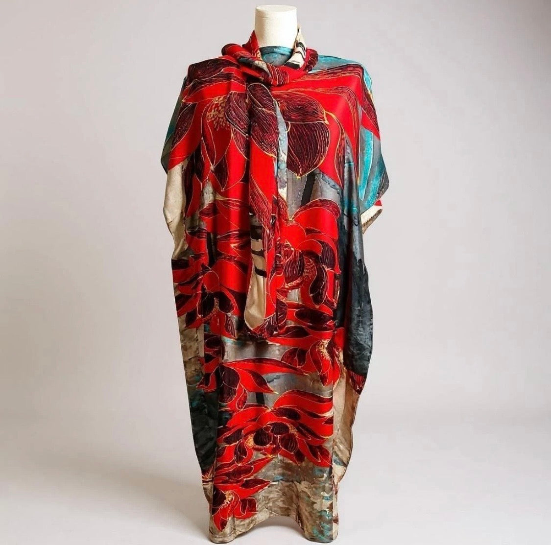 Luxe Silk Feel Resort Maxi Kaftan Dress | Red Lotus Print | Size 14–20