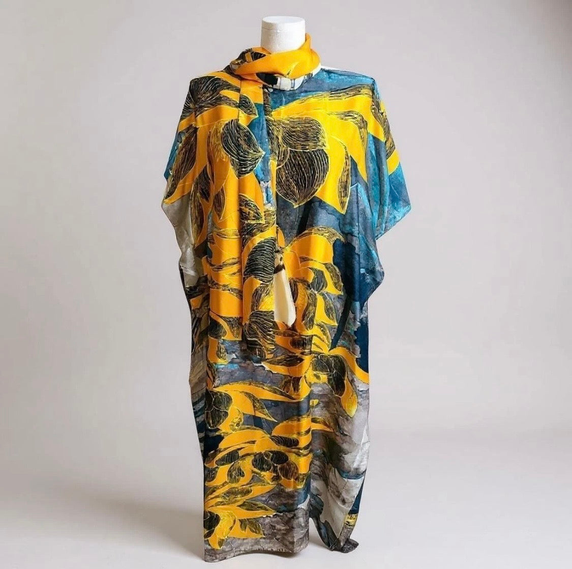 Luxe Silk Feel Resort Maxi Kaftan Dress | Golden Lotus Print | Size 14–20