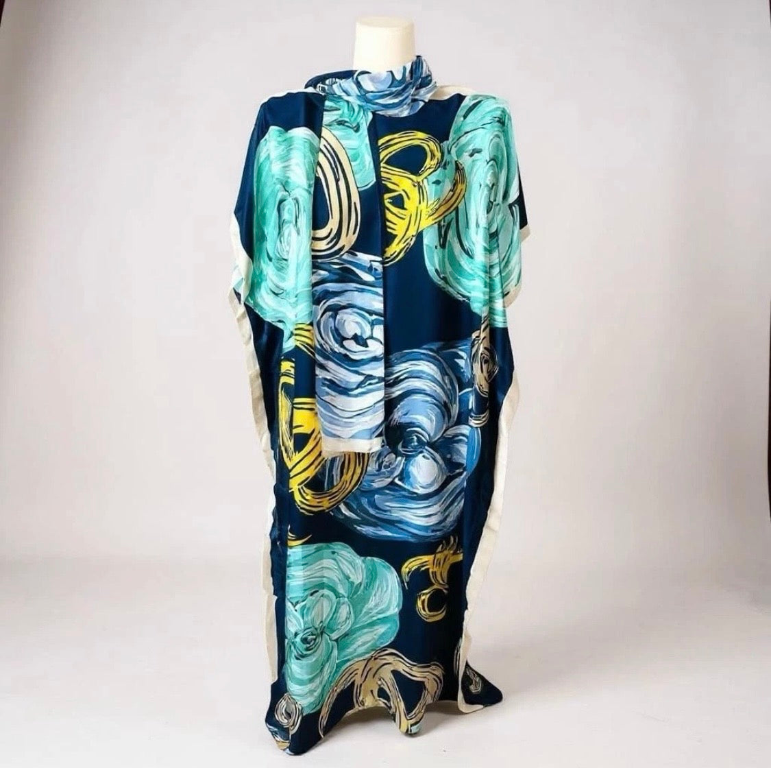 Luxe Silk Feel Resort Maxi Kaftan Dress | Midnight Rose Print | Size 14–20