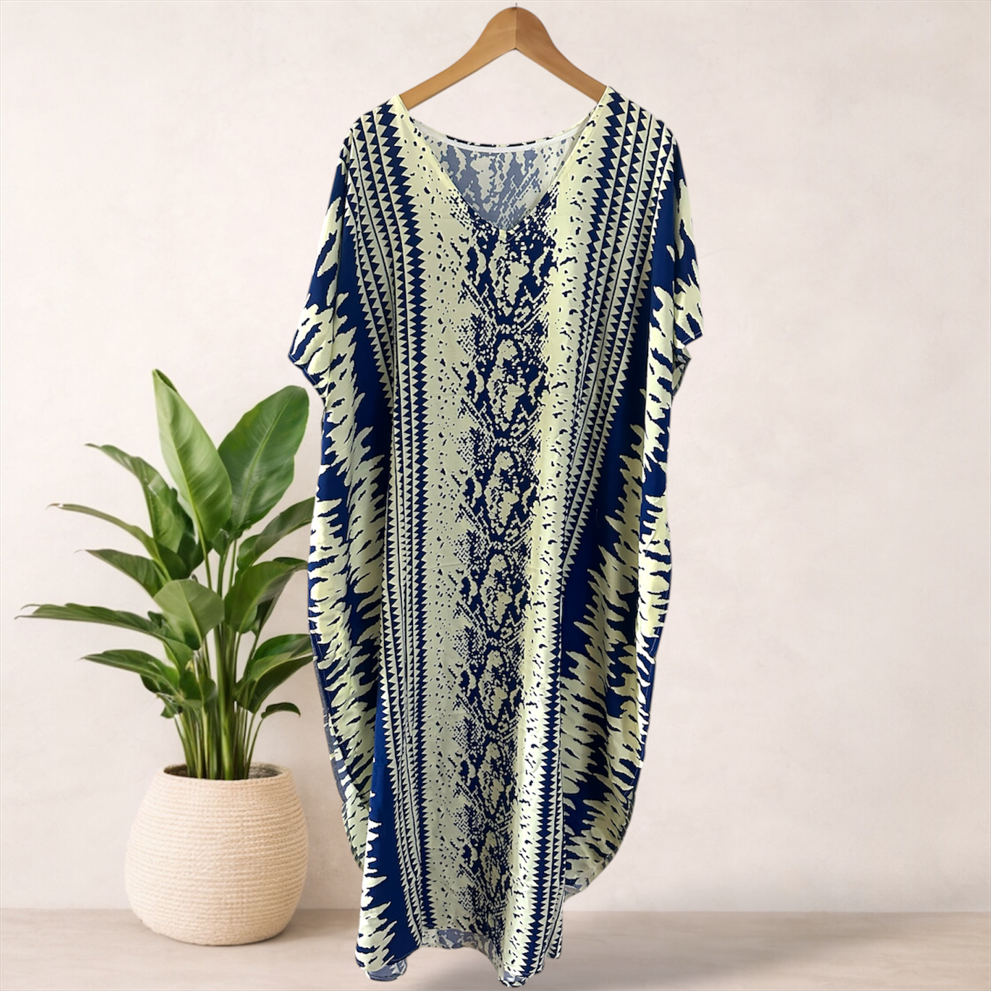 Batik Print Maxi Kaftan | Cobalt Blue & Soft Yellow | Size 16–22