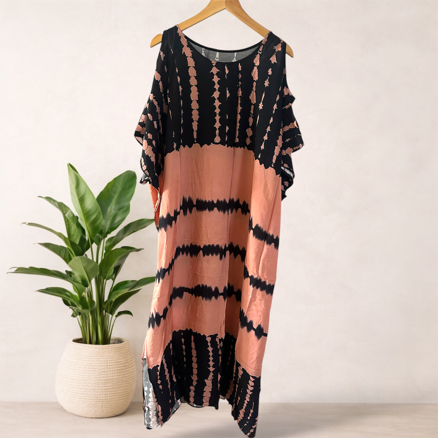 Cold Shoulder Tie Dye Maxi Kaftan | Blush Peach & Black Print | Size 16–22