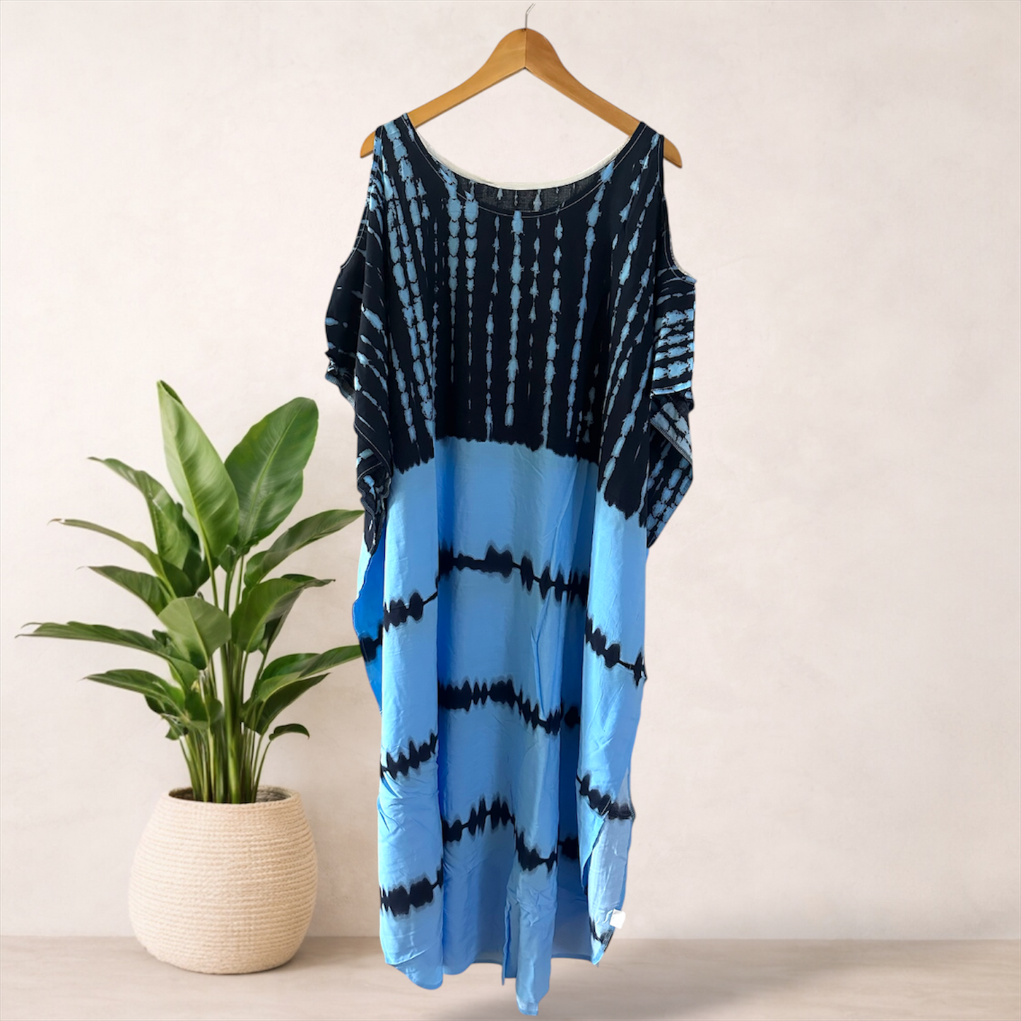 Cold Shoulder Tie Dye Maxi Kaftan | Navy & Blue Print | Size 16–22