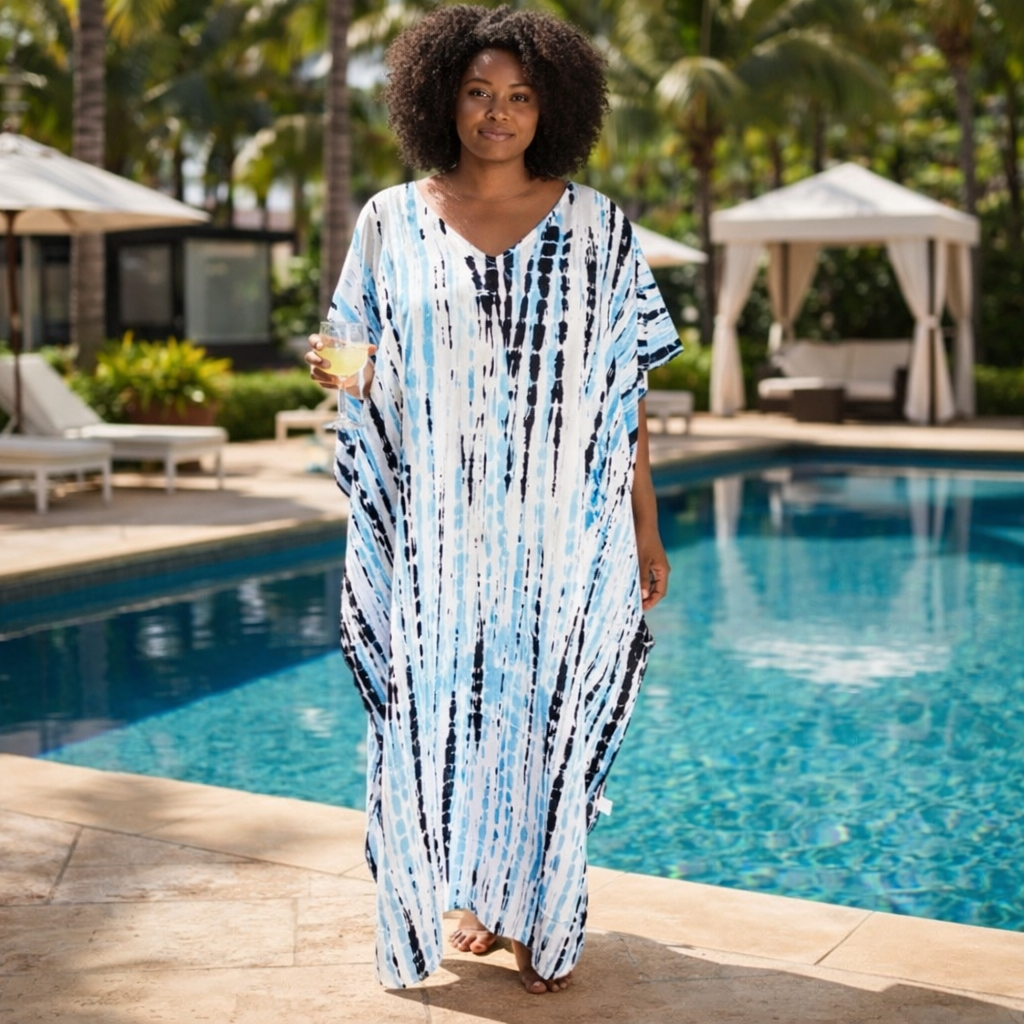Printed Tie Dye Viscose Kaftan | Ocean Mist Print | Size 16–22