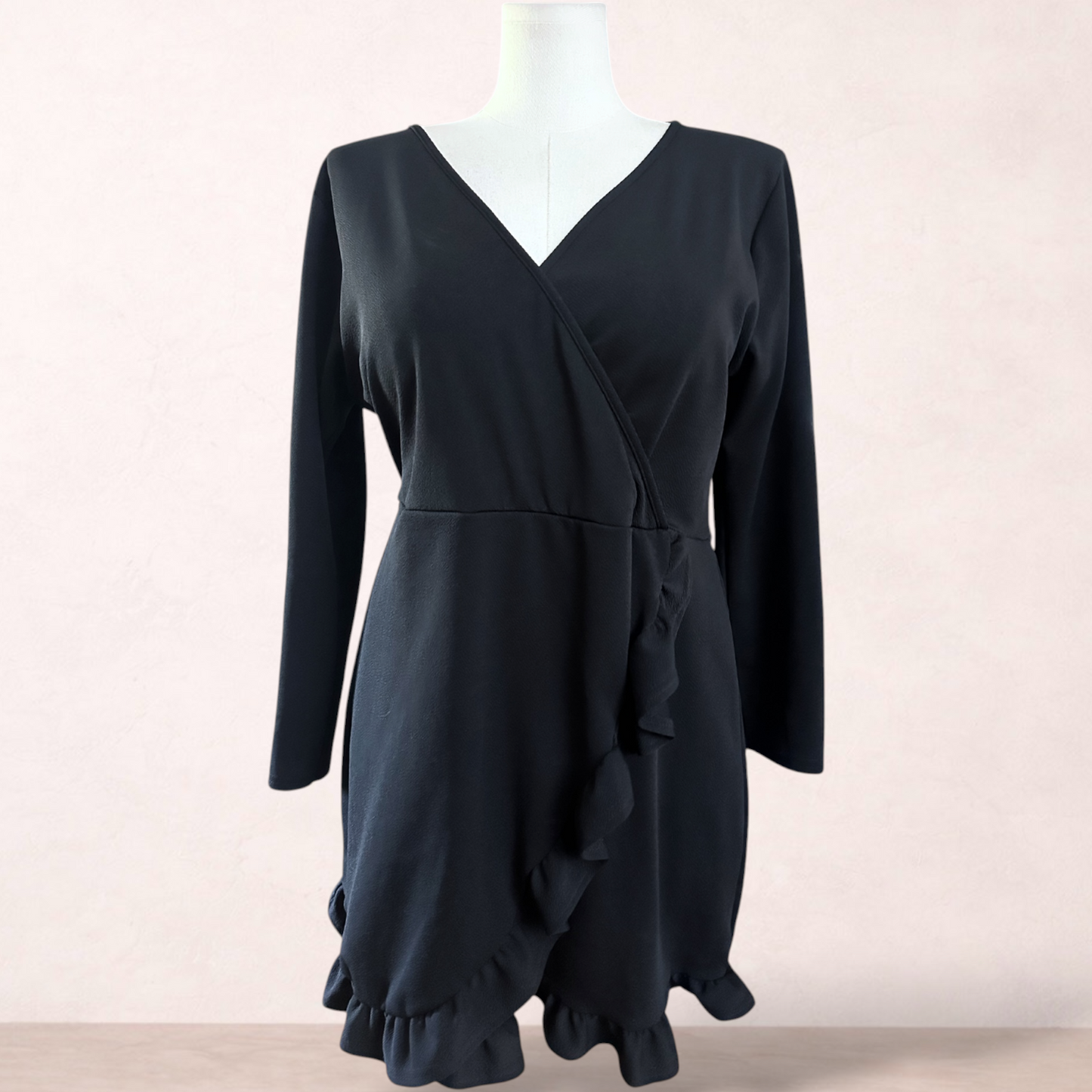 Prettylittlething Black Ruffle Dress | Size 16