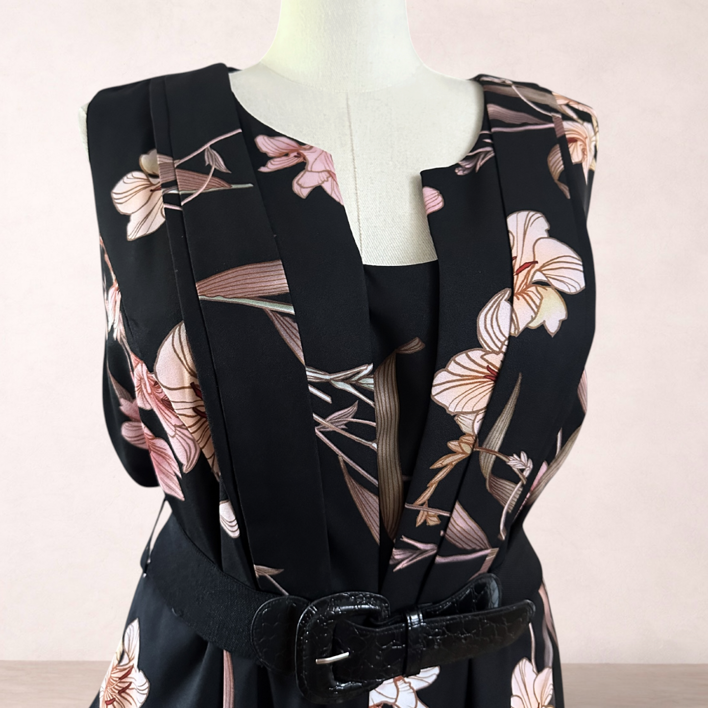 City Chic Black Floral Belted Jumpsuit | Plus Size XL/22