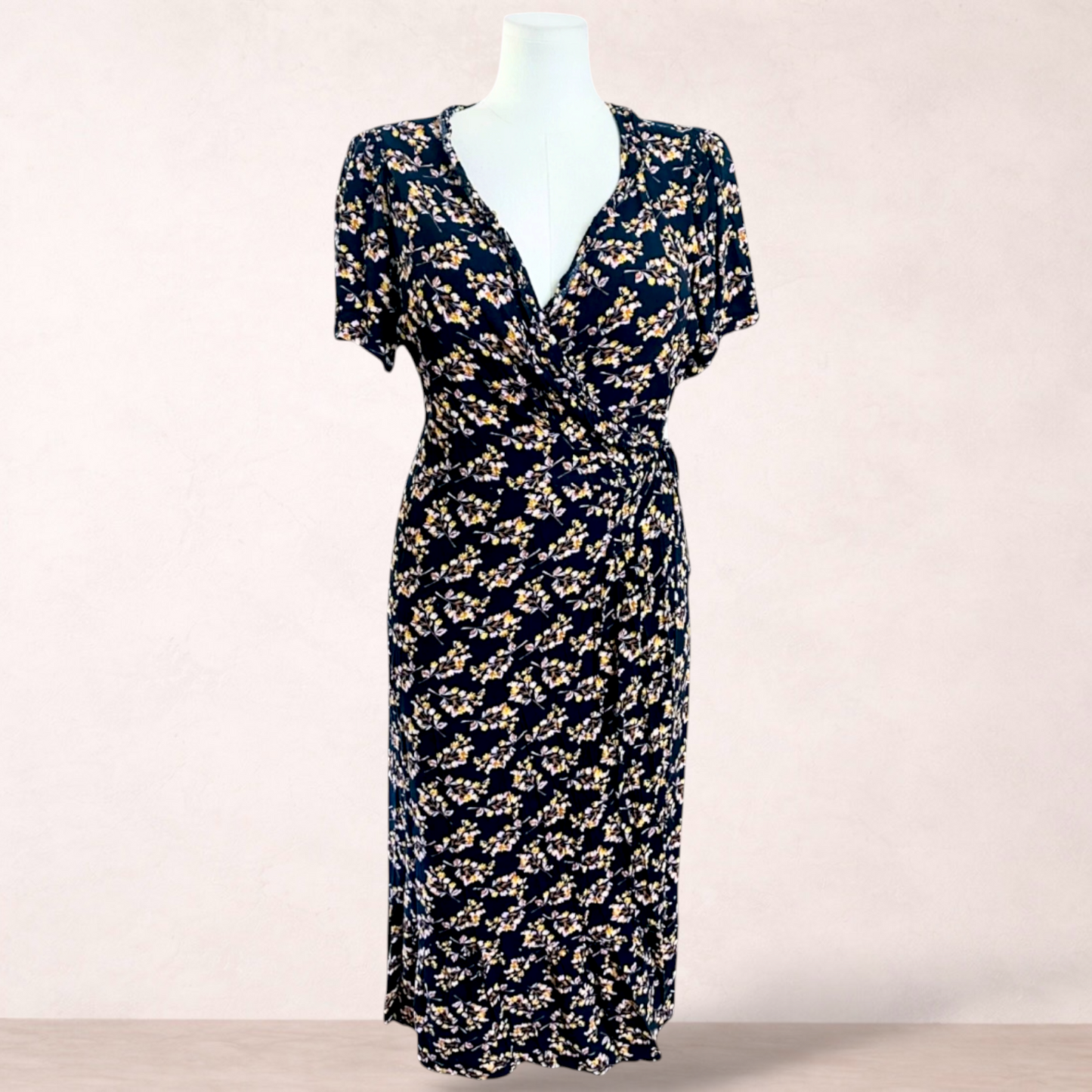 Next Navy Floral Wrap Midi Dress | Size 16