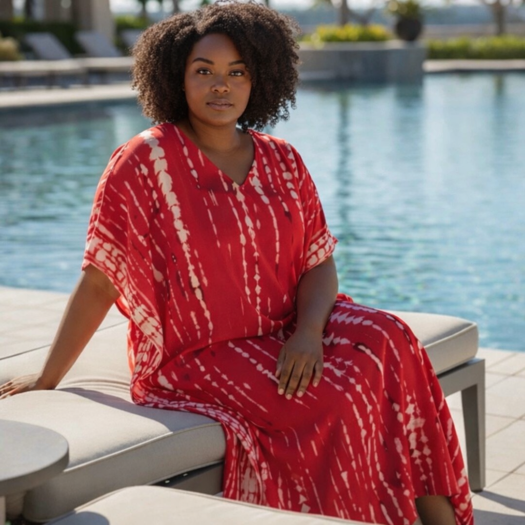 Printed Tie Dye Viscose Kaftan | Ruby Tide Print | Size 16–22