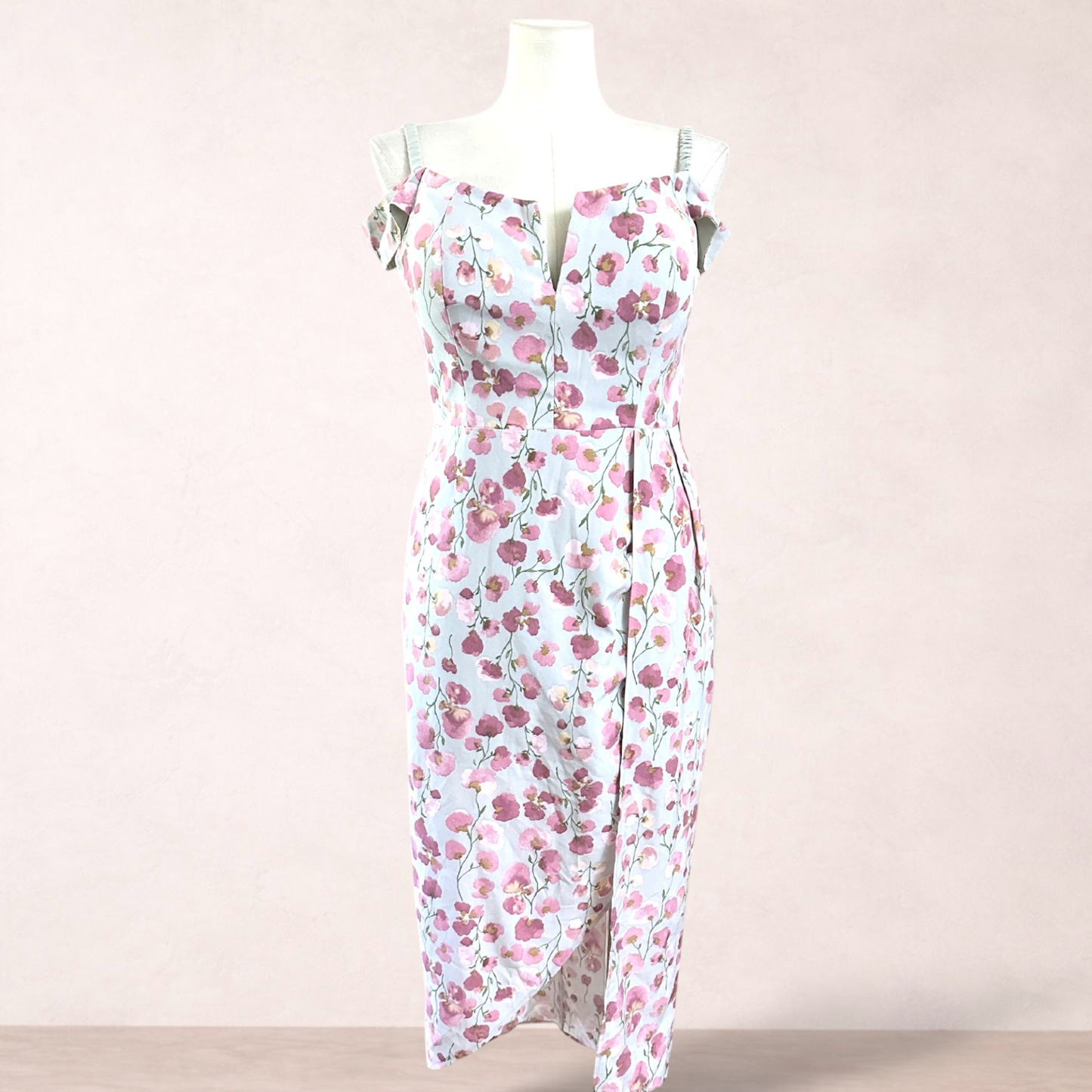 Miss Anne Floral Sage Green & Pink Midi Dress | Size 16