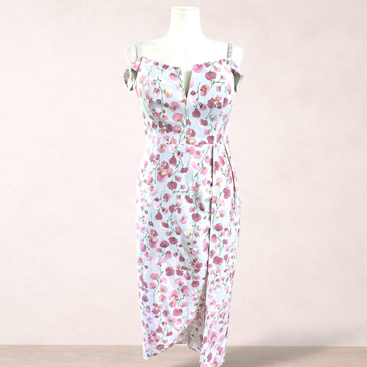 Miss Anne Floral Sage Green & Pink Midi Dress | Size 16