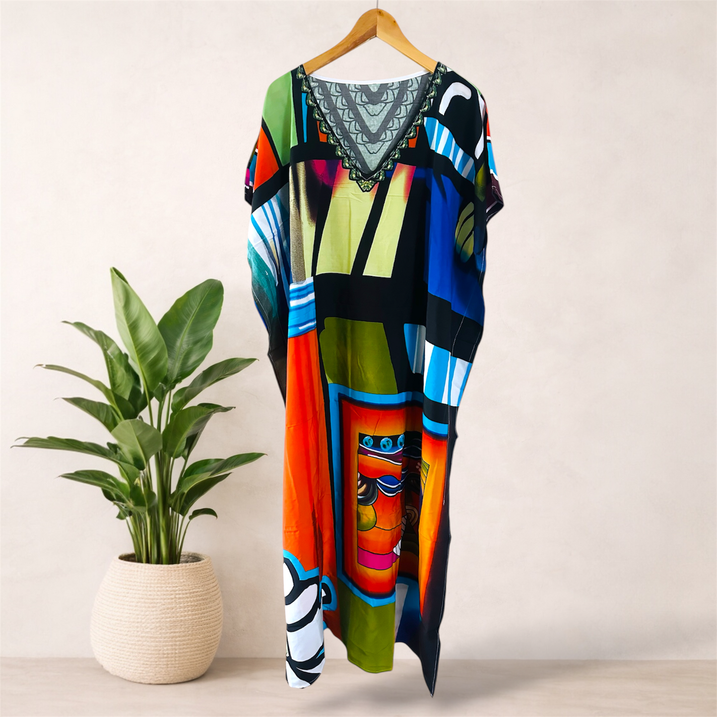 Printed Viscose Maxi Kaftan | Abstract Art Print | Size 16–22