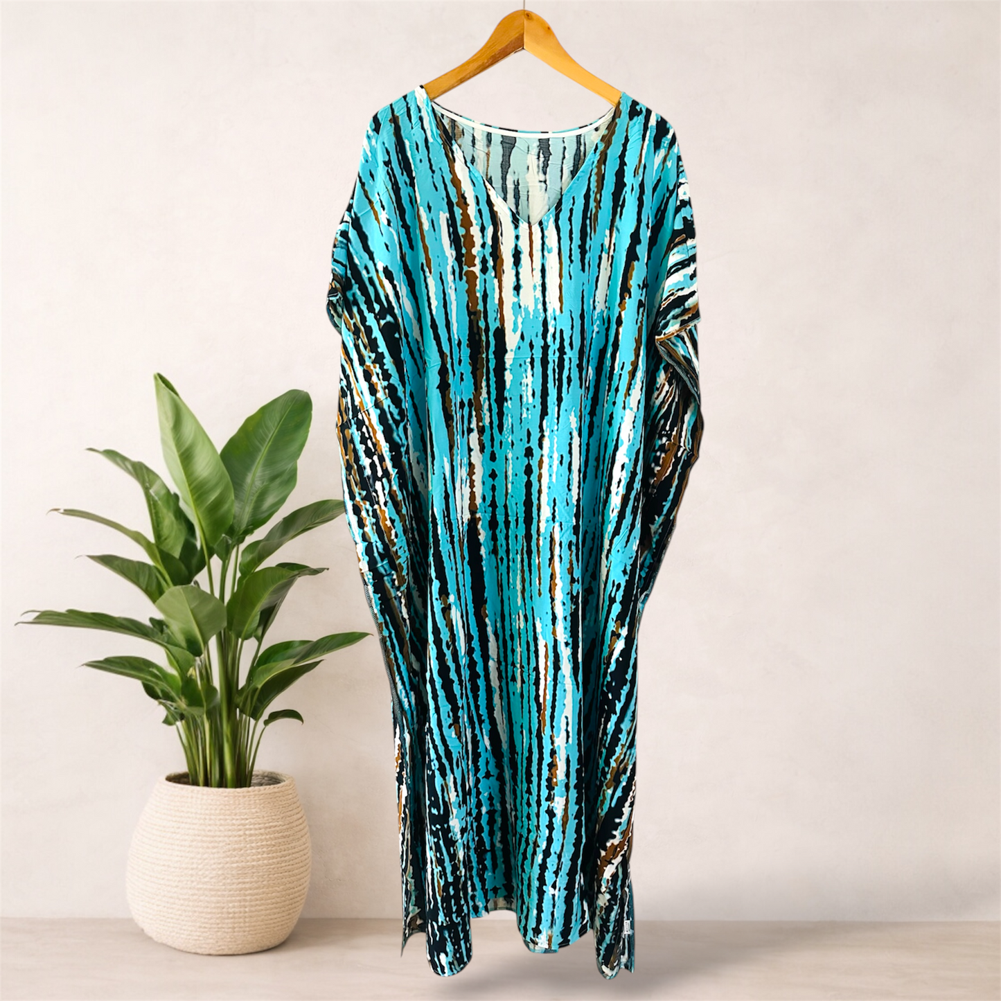 Printed Tie Dye Viscose Kaftan | Aqua Tide Print | Size 16–22