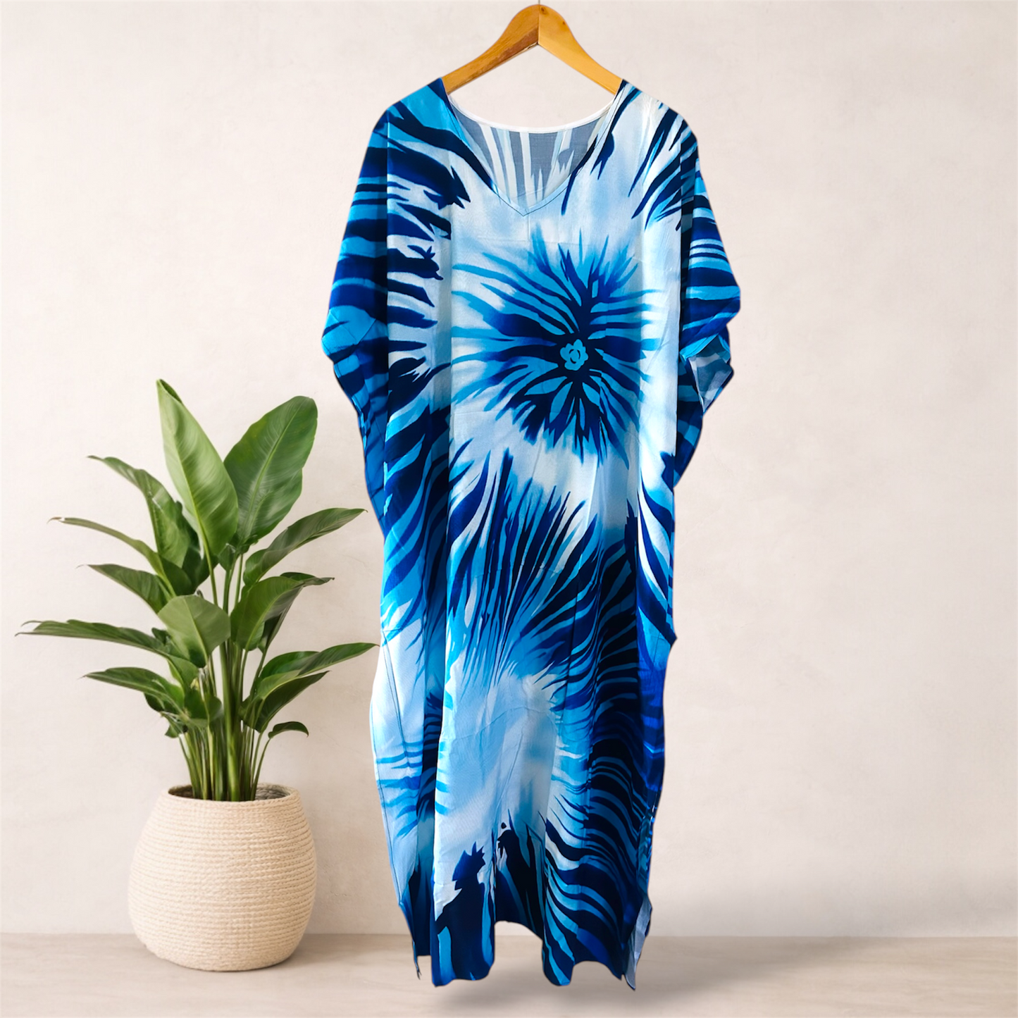 Printed Tie Dye Viscose Kaftan | Ocean Blue Bloom Print | Size 16–22