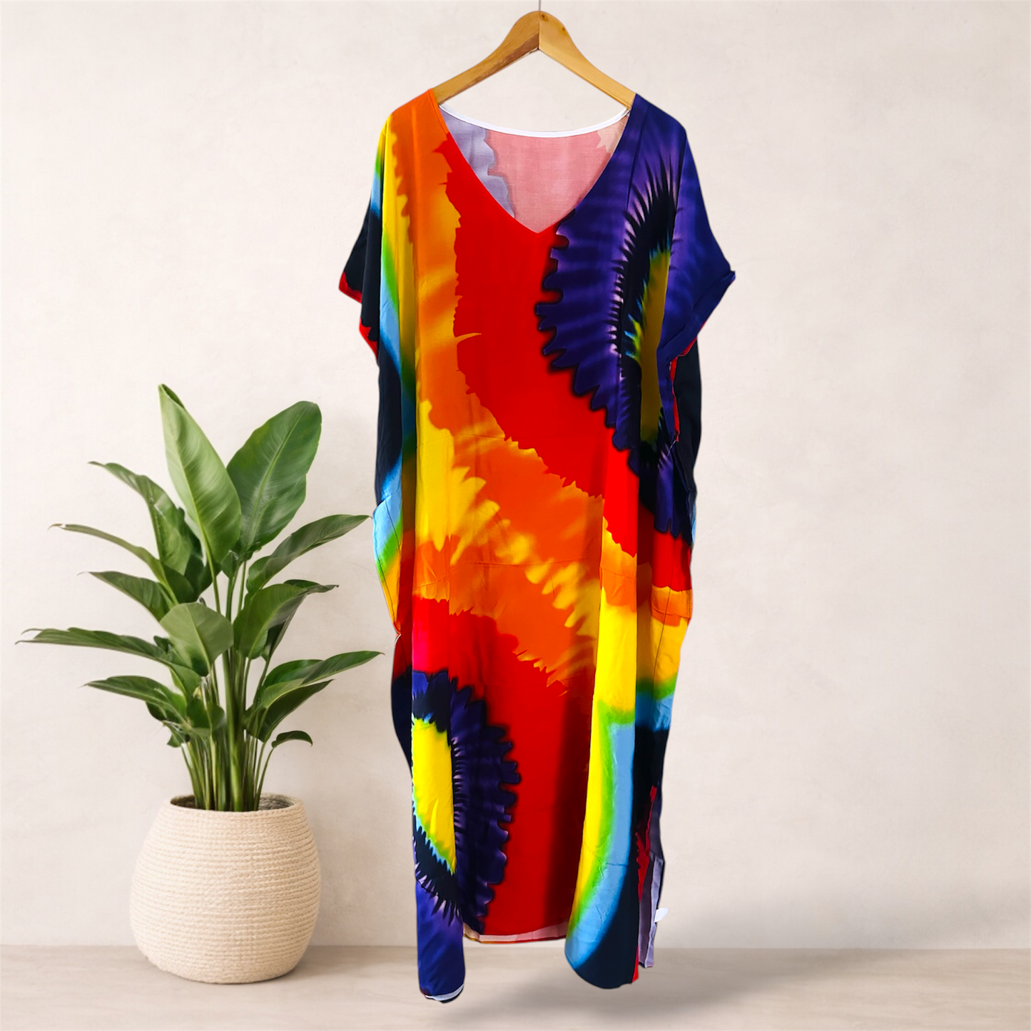 Printed Tie Dye Maxi Kaftan | Rainbow Print | Size 16–22