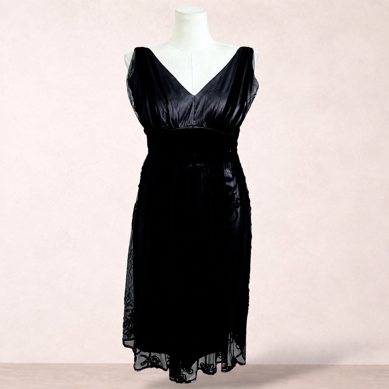 Liz Jordan Black Embroidered Mesh Midi Dress | Size 14