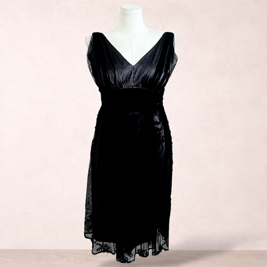 Liz Jordan Black Embroidered Mesh Midi Dress | Size 14