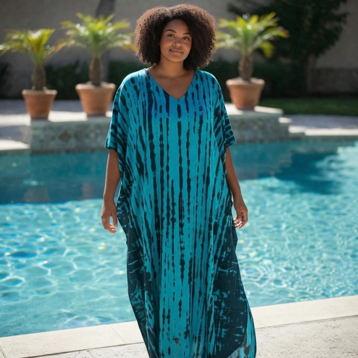 Printed Tie Dye Viscose Kaftan | Teal Green Tide Print | Size 16–22