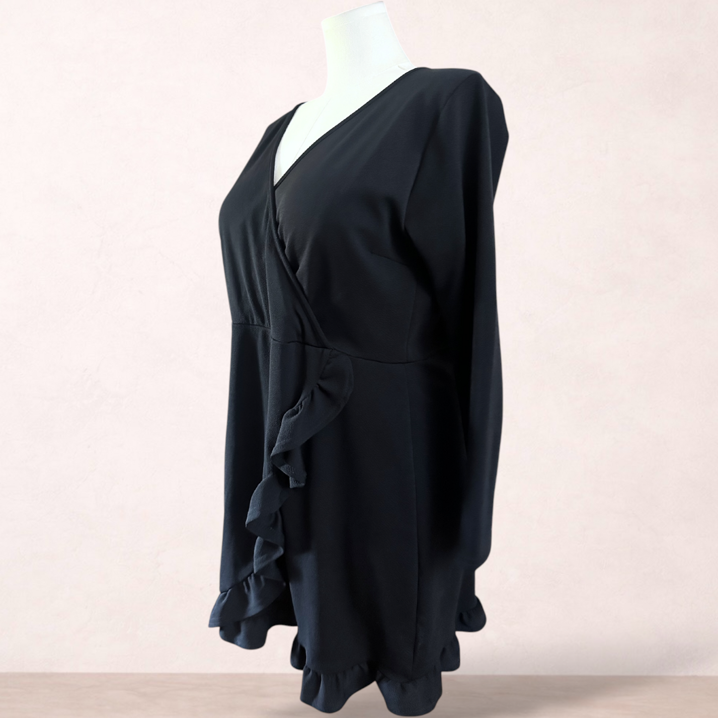 Prettylittlething Black Ruffle Dress | Size 16