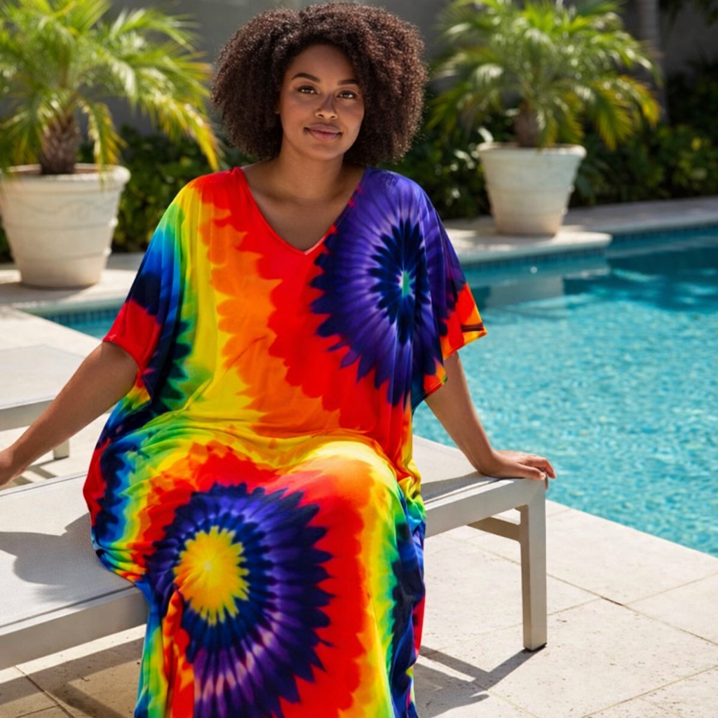 Printed Tie Dye Maxi Kaftan | Rainbow Print | Size 16–22