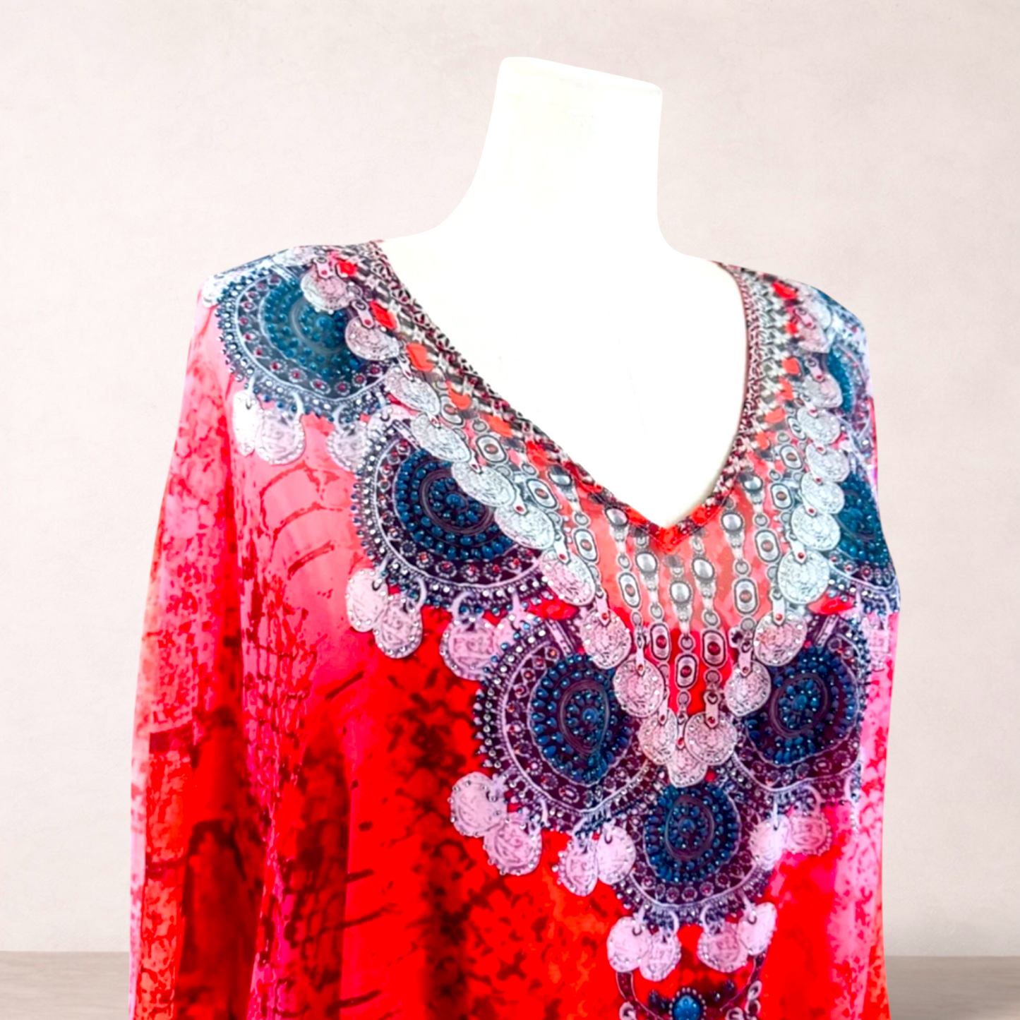 BEME Red Embellished Kaftan Maxi Dress | Size L/XL 20-22-24