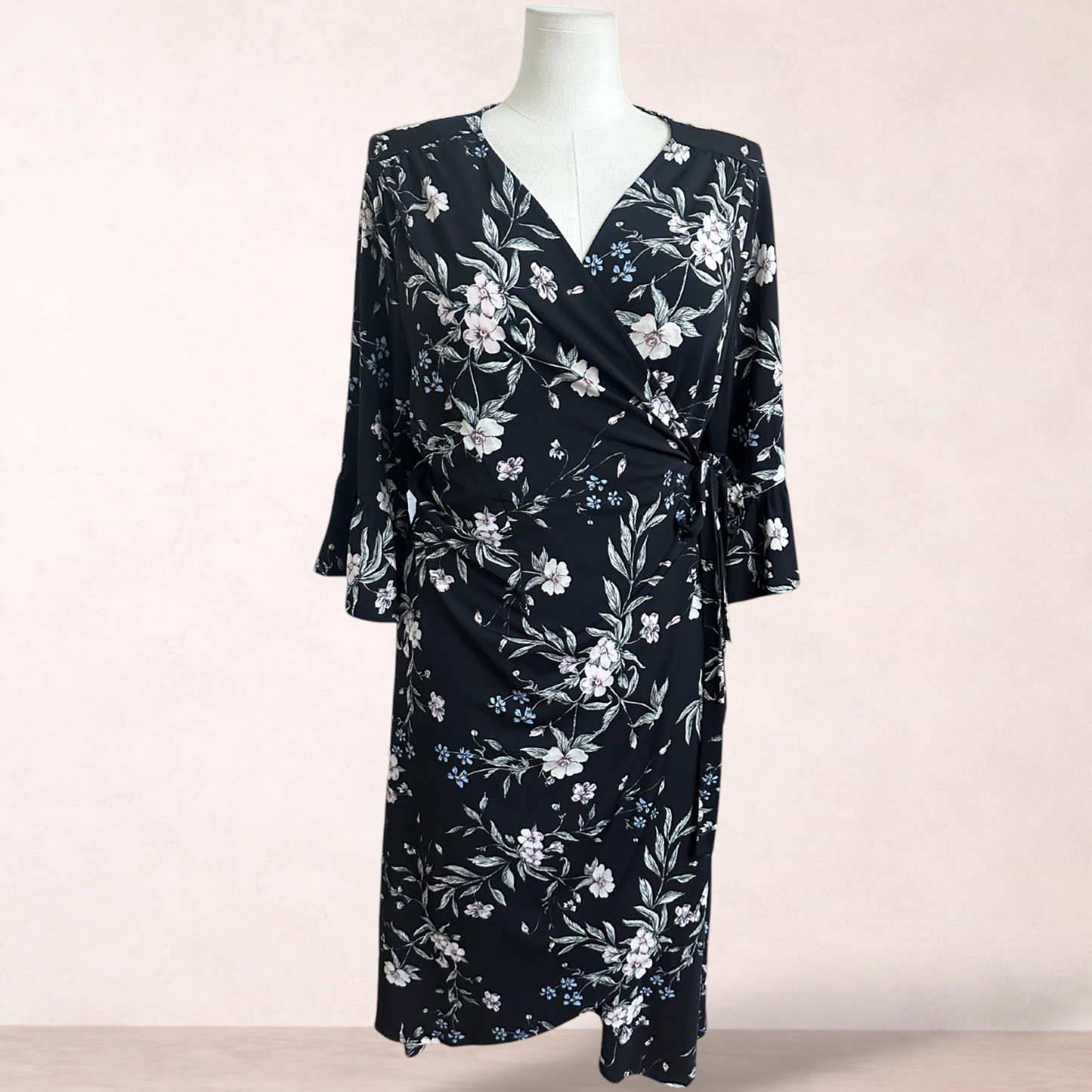 Sara Black Floral Wrap Midi Dress | Plus Size 26