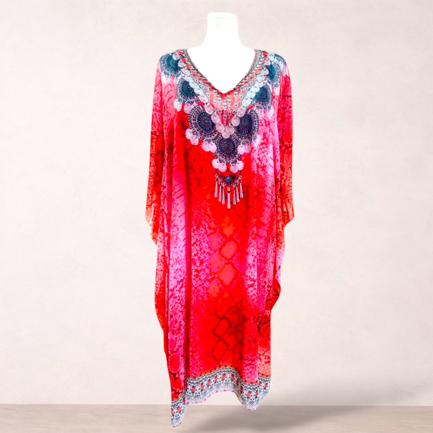 BEME Red Embellished Kaftan Maxi Dress | Size L/XL 20-22-24