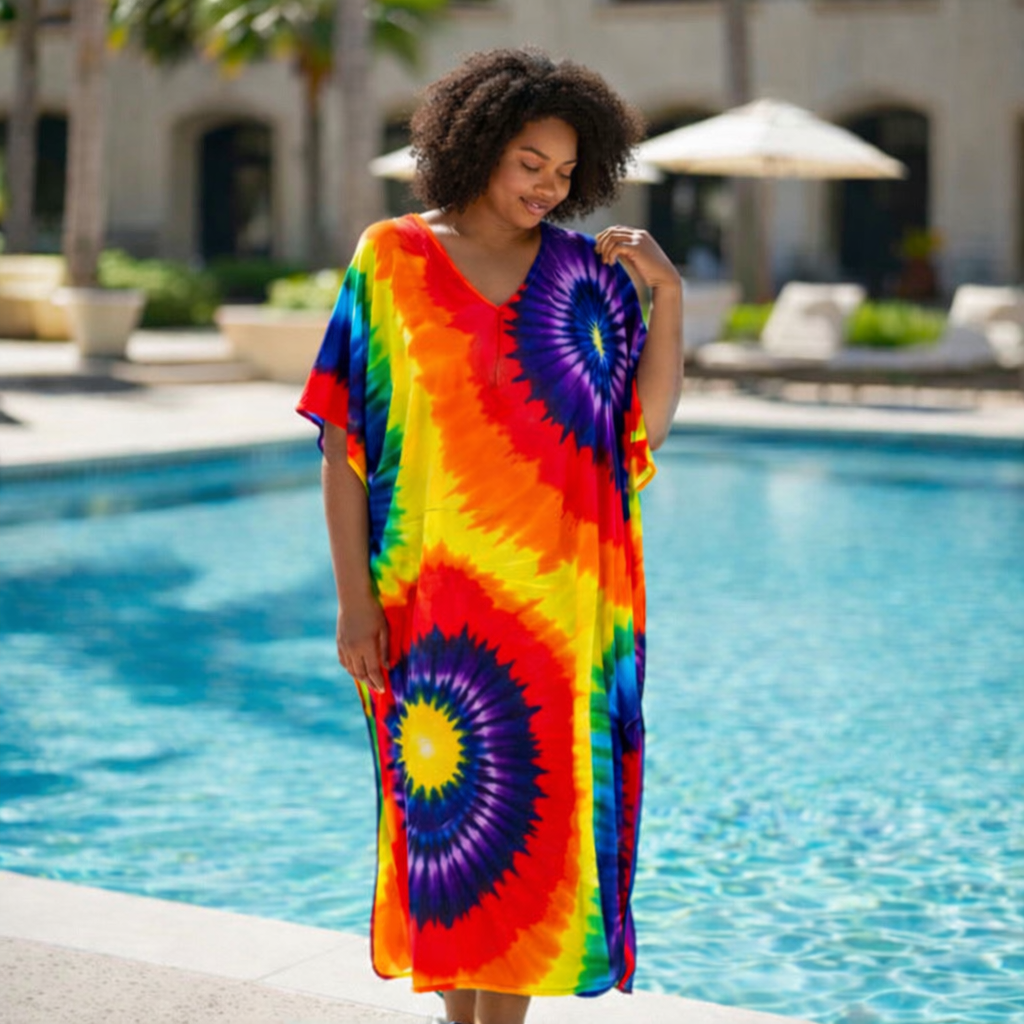 Printed Tie Dye Maxi Kaftan | Rainbow Print | Size 16–22