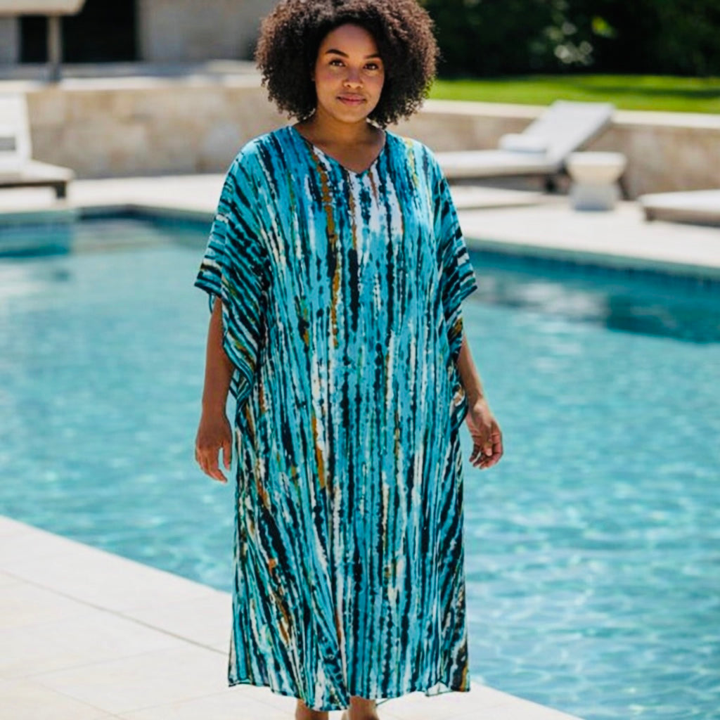 Printed Tie Dye Viscose Kaftan | Aqua Tide Print | Size 16–22