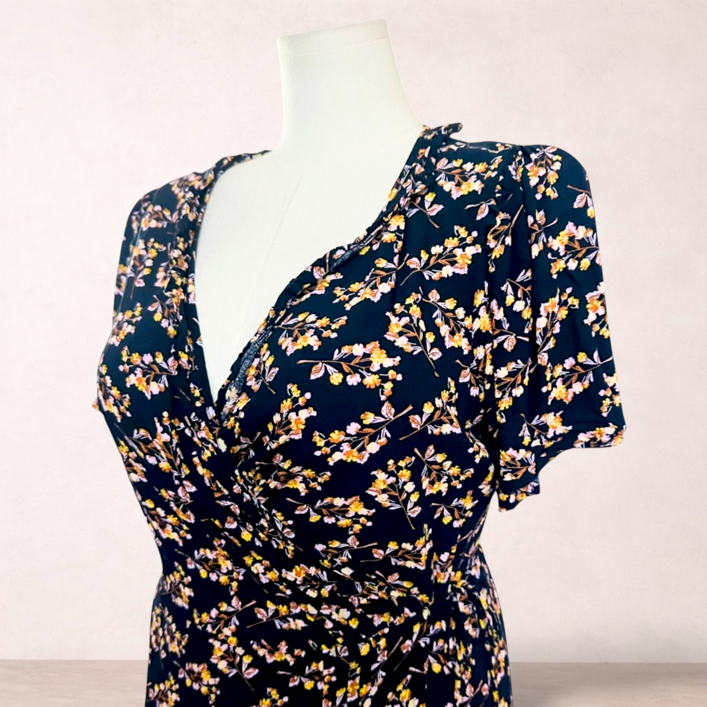 Next Navy Floral Wrap Midi Dress | Size 16
