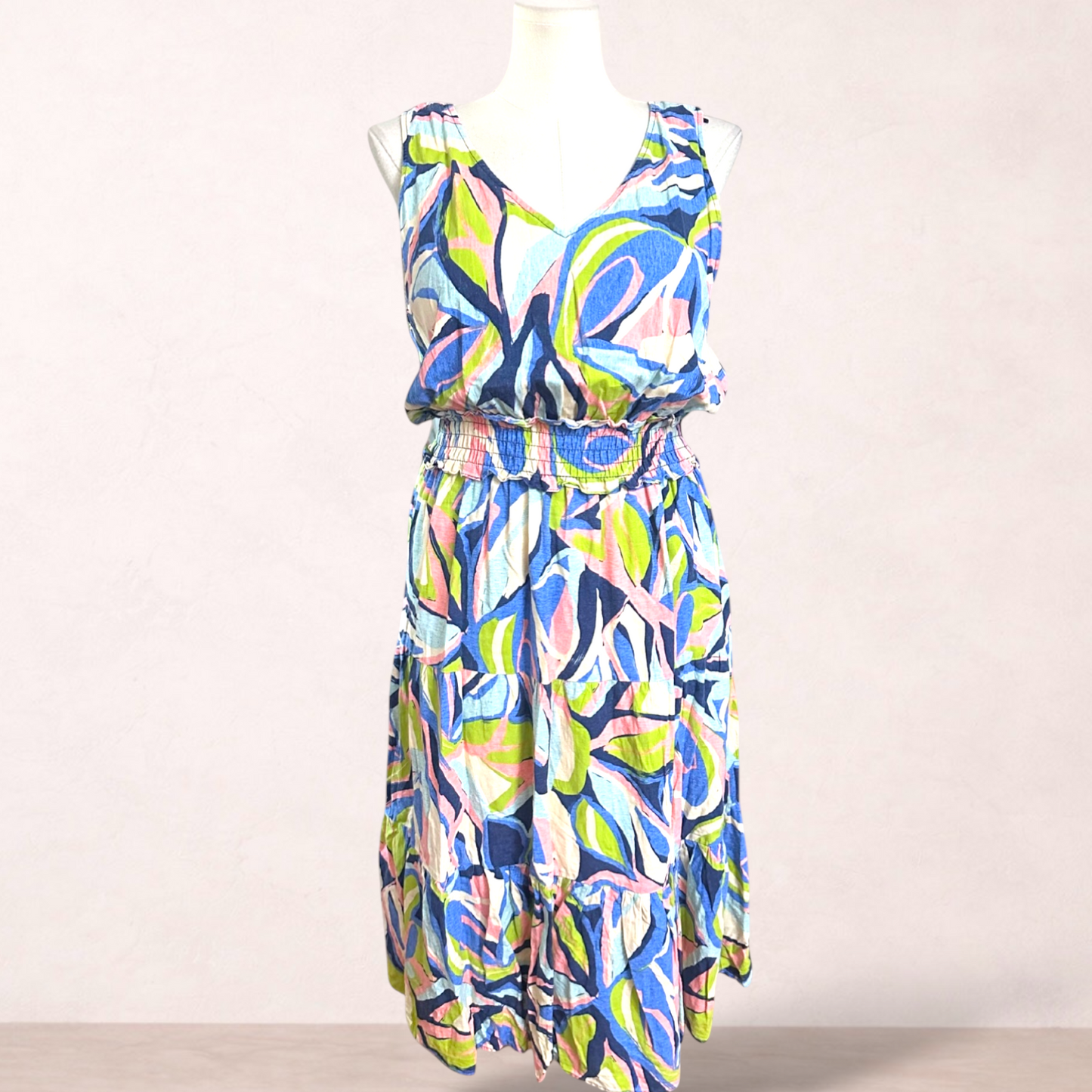 Grae Linen Multicolour Print Midi Dress | Size 18