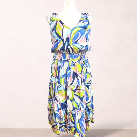 Grae Linen Multicolour Print Midi Dress | Size 18