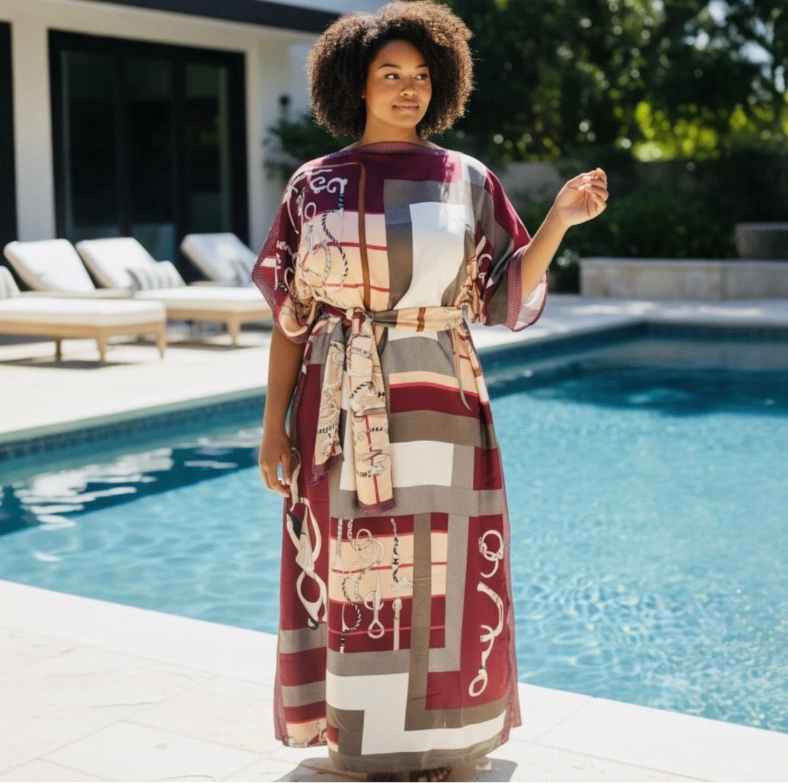 Luxe Silk Feel Resort Maxi Kaftan Dress | Burgundy Geo Chain Print | Size 14–20