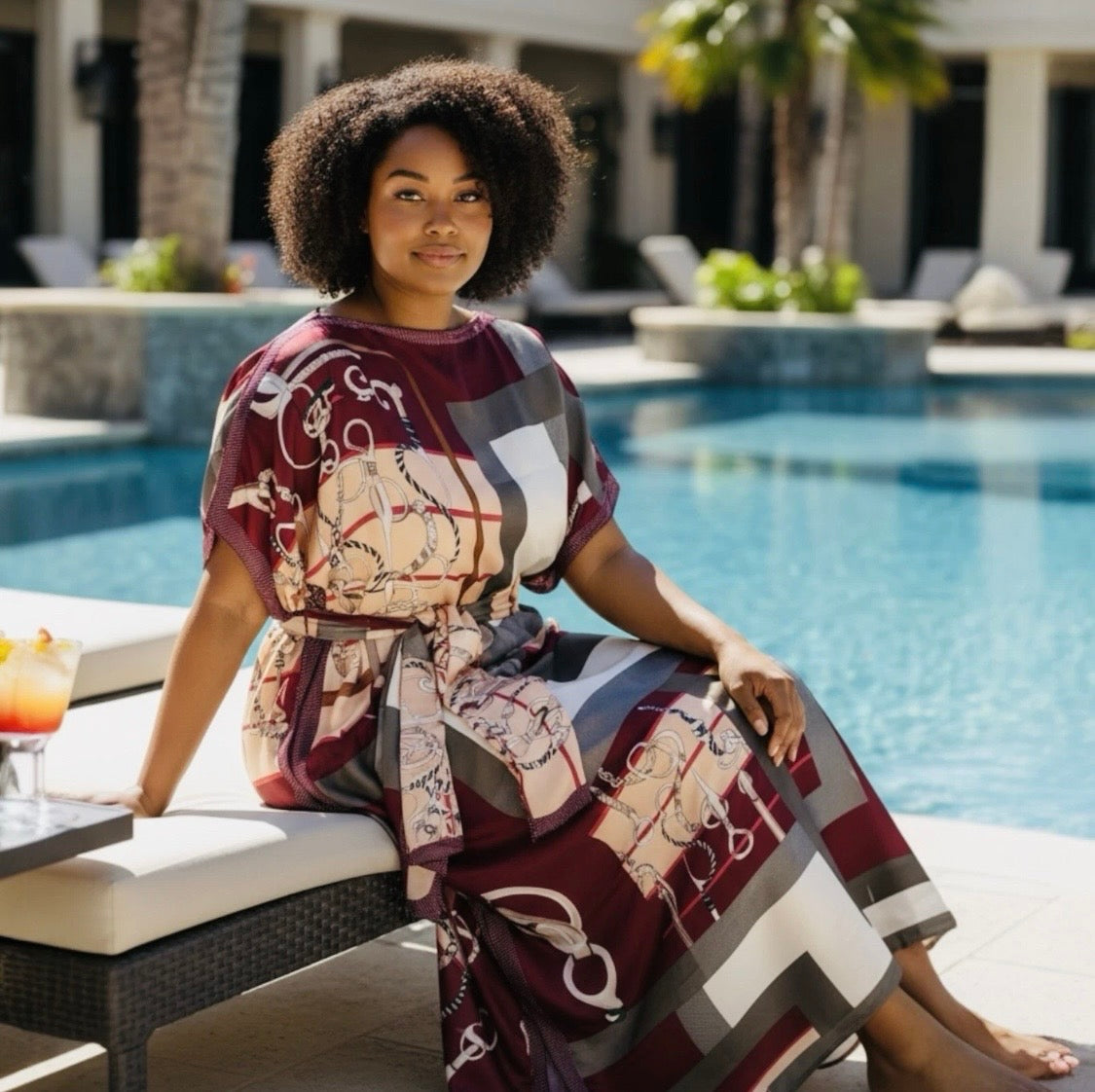 Luxe Silk Feel Resort Maxi Kaftan Dress | Burgundy Geo Chain Print | Size 14–20