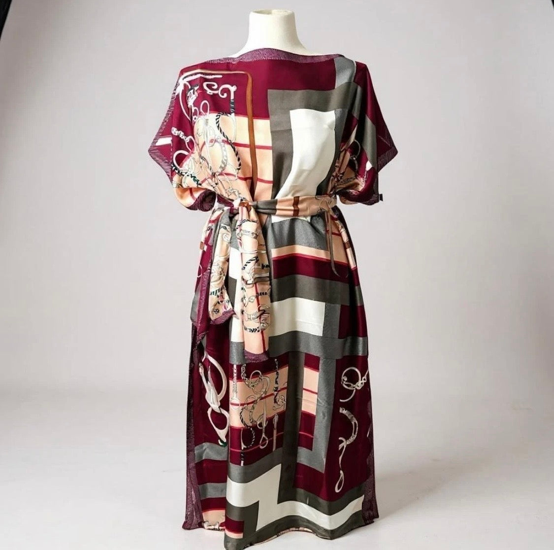 Luxe Silk Feel Resort Maxi Kaftan Dress | Burgundy Geo Chain Print | Size 14–20