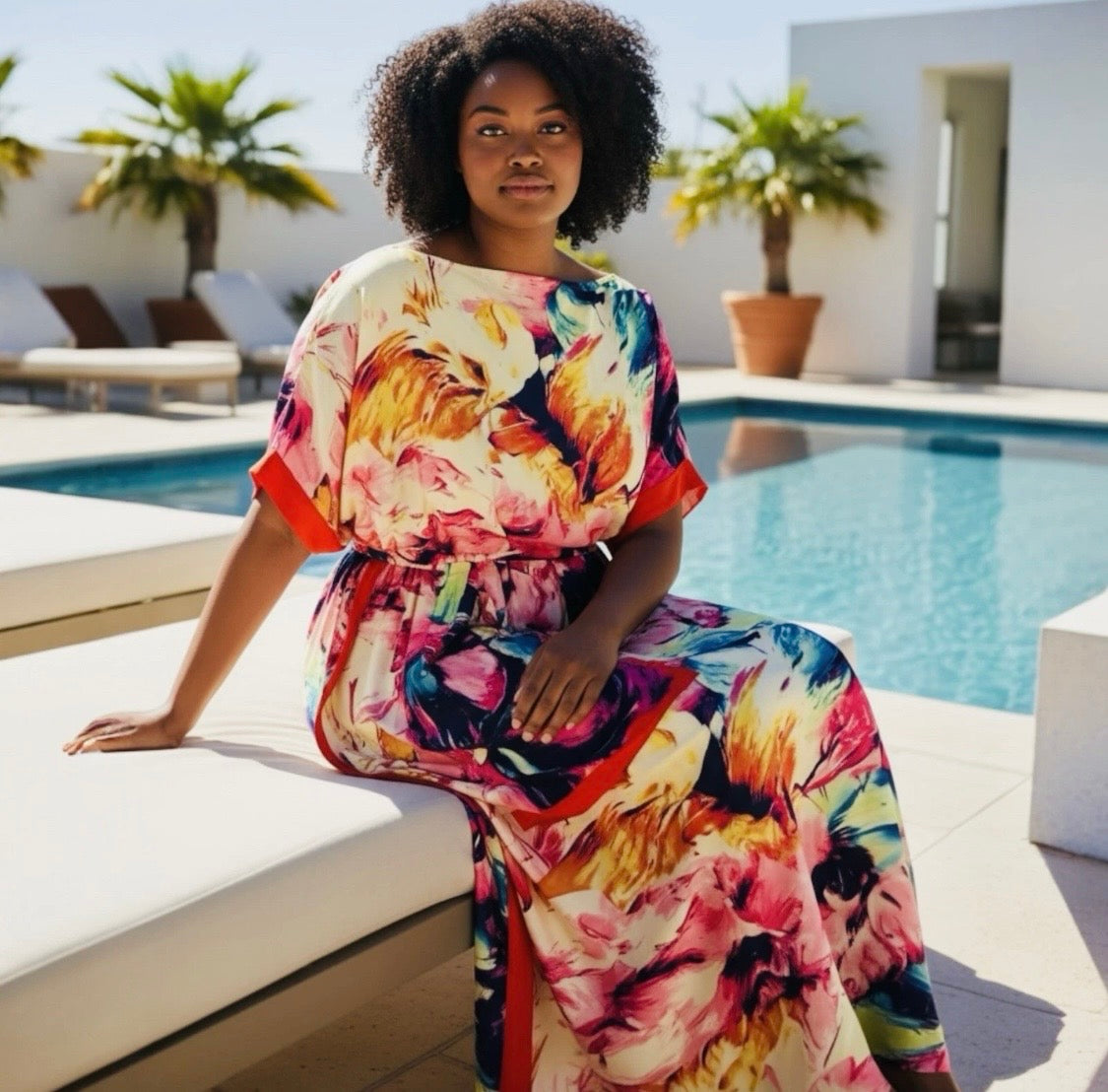 Luxe Silk Feel Resort Maxi Kaftan Dress | Sunset Floral Print | Size 14–20