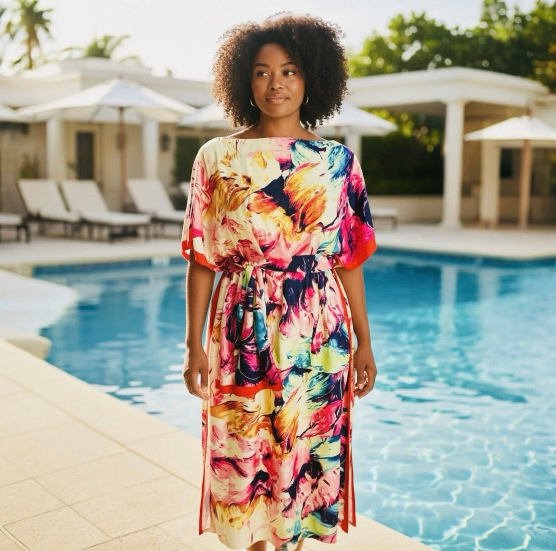 Luxe Silk Feel Resort Maxi Kaftan Dress | Sunset Floral Print | Size 14–20