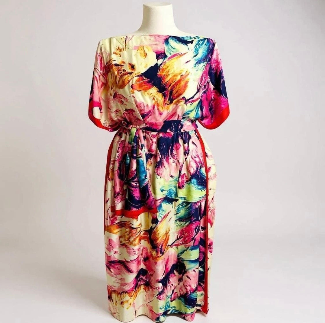 Luxe Silk Feel Resort Maxi Kaftan Dress | Sunset Floral Print | Size 14–20