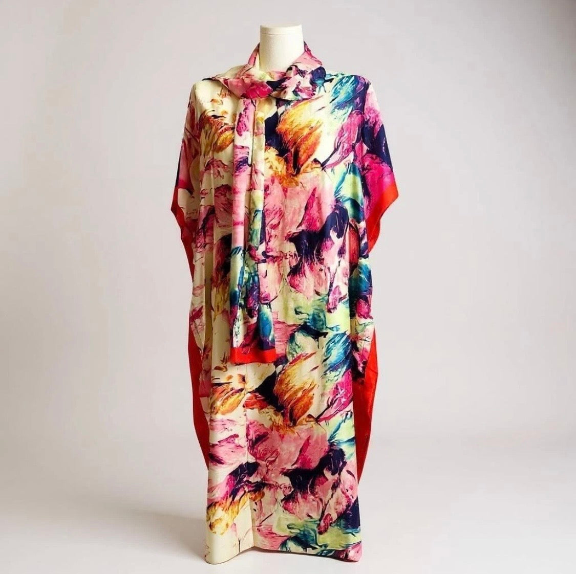 Luxe Silk Feel Resort Maxi Kaftan Dress | Sunset Floral Print | Size 14–20