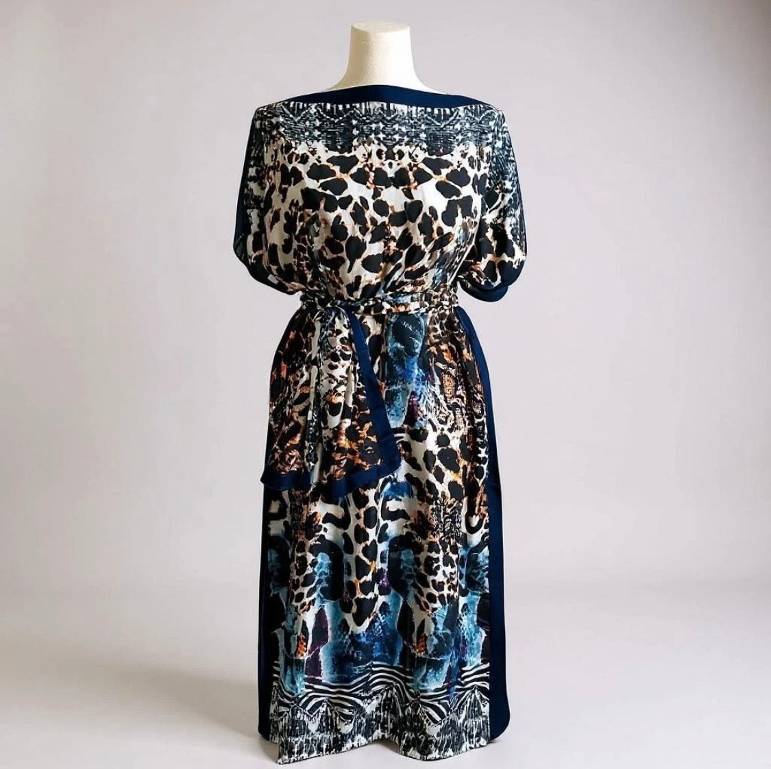 Luxe Silk Feel Resort Maxi Kaftan Dress | Blue Animal Print | Size 14–20