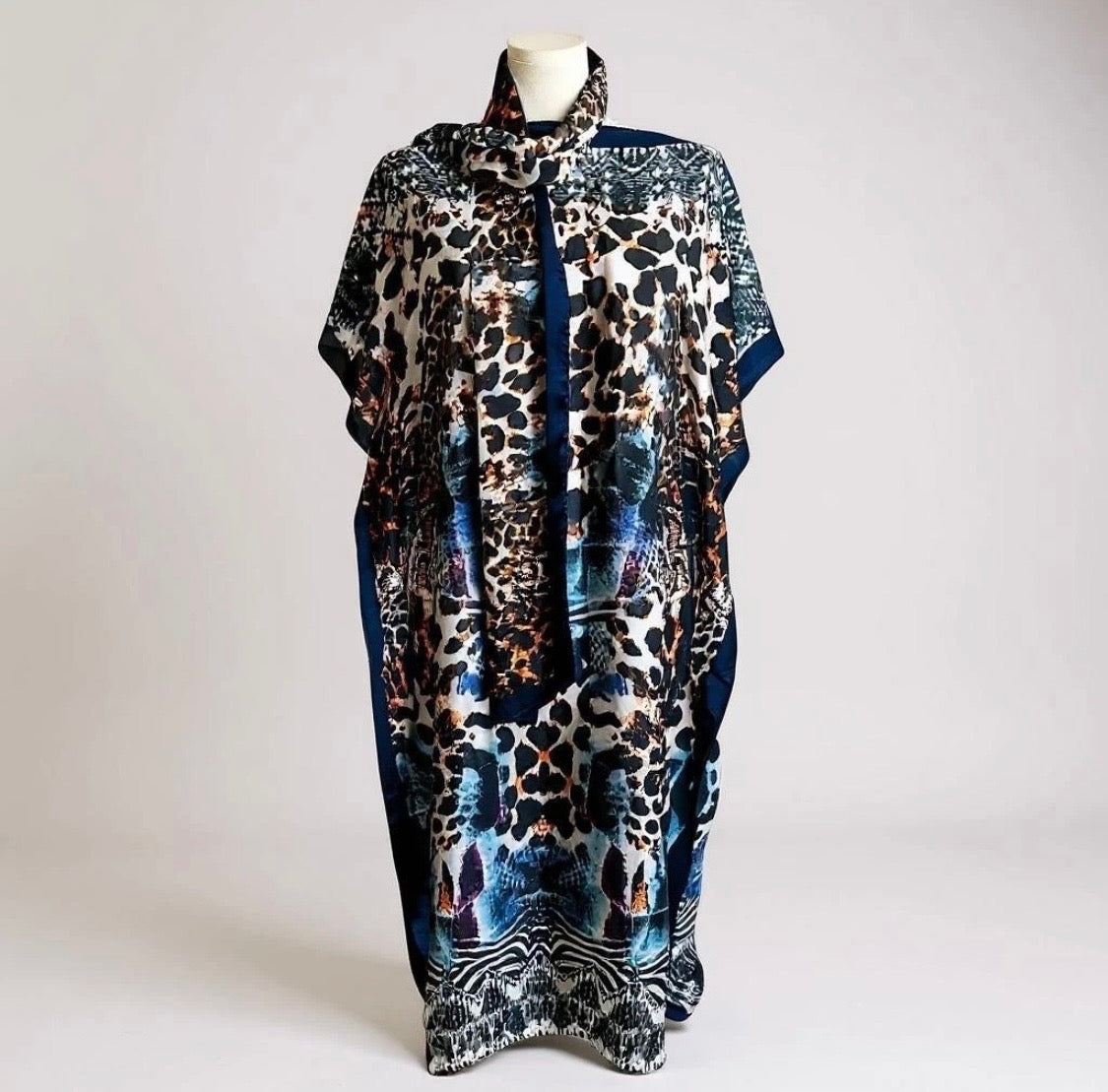 Luxe Silk Feel Resort Maxi Kaftan Dress | Blue Animal Print | Size 14–20