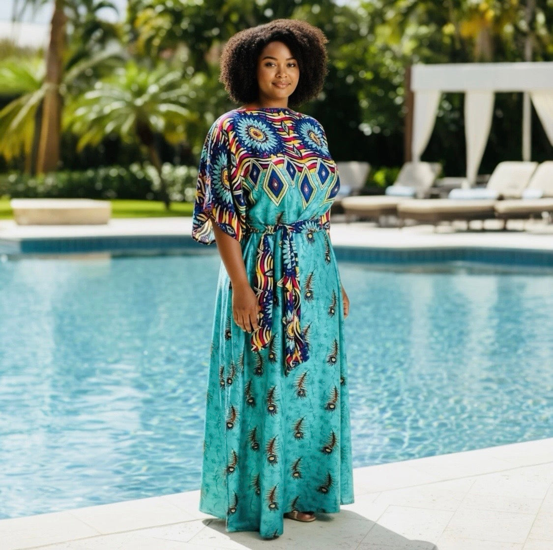 Luxe Silk Feel Resort Maxi Kaftan Dress | Aqua Boho Print | Size 14–20