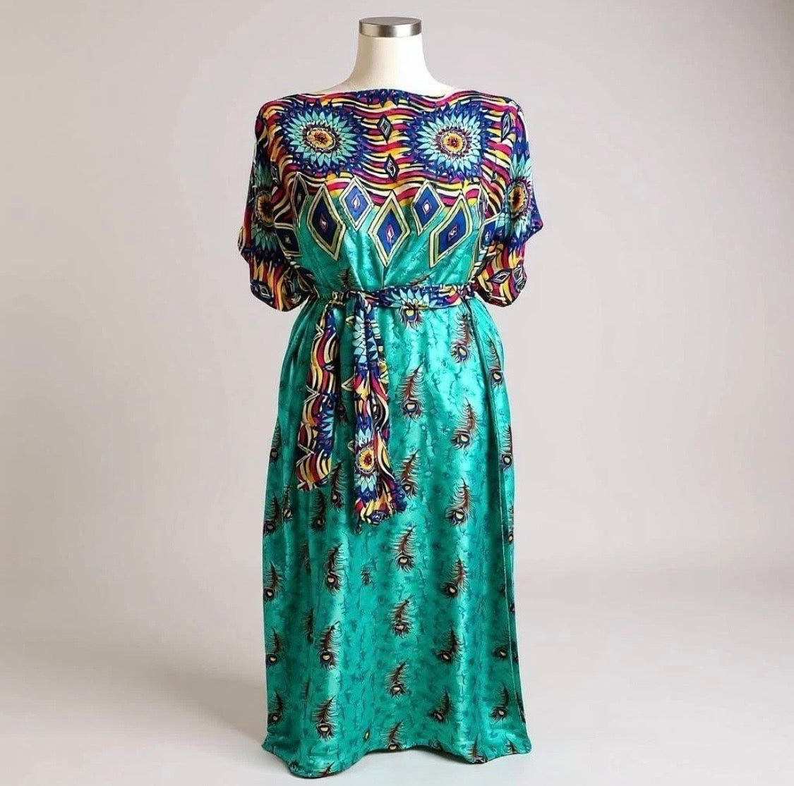Luxe Silk Feel Resort Maxi Kaftan Dress | Aqua Boho Print | Size 14–20