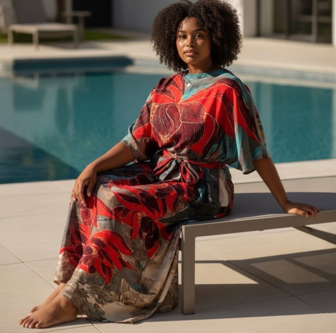 Luxe Silk Feel Resort Maxi Kaftan Dress | Red Lotus Print | Size 14–20