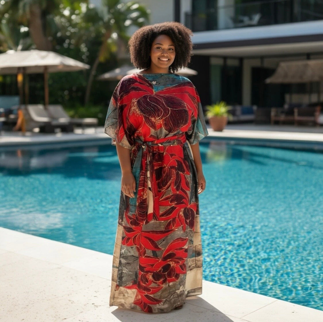 Luxe Silk Feel Resort Maxi Kaftan Dress | Red Lotus Print | Size 14–20