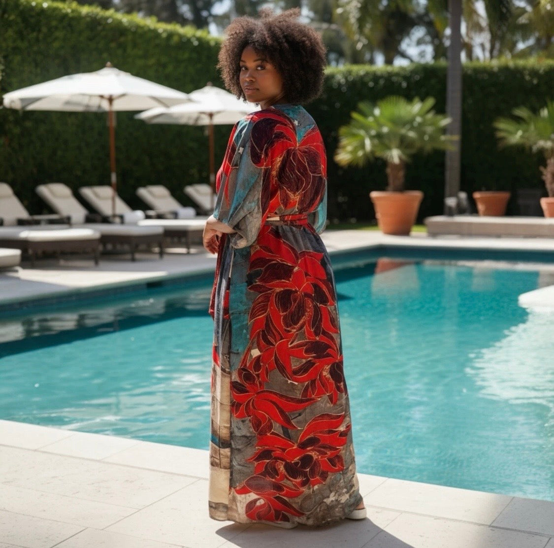 Luxe Silk Feel Resort Maxi Kaftan Dress | Red Lotus Print | Size 14–20